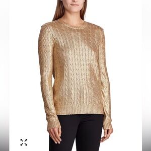 Ralph Lauren Metallic Cable-Knit Sweater Sz PM Holiday, Shimmer, Gold